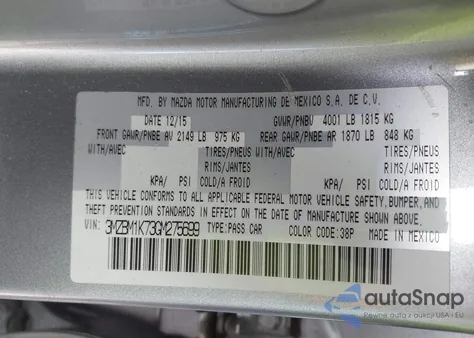 2016 Mazda Mazda3 I Sport from USA, damaged, VIN 3MZBM1K73GM275699